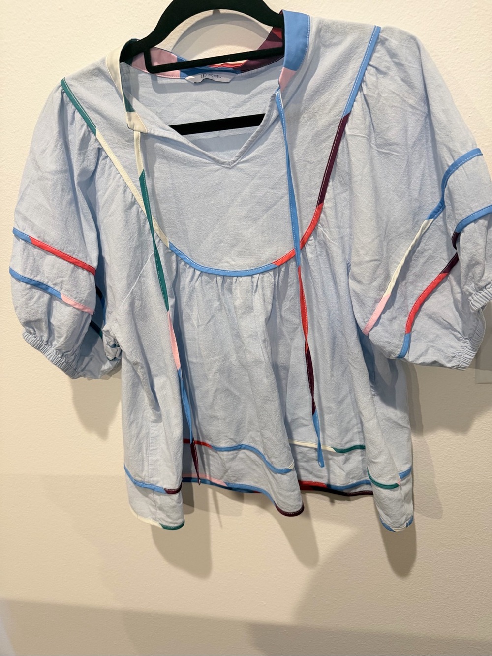 Light Blue Puff Sleeve Peasant Blouse with Multicolor Trim